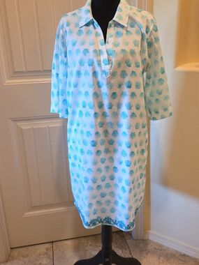 Tori Richard Cotton Embroidered Blue Shell Dress, Size XL
